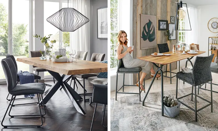 Tischplatten aus Massivholz in Kombination mit einem coolen Metallgestell liegen im Trend.